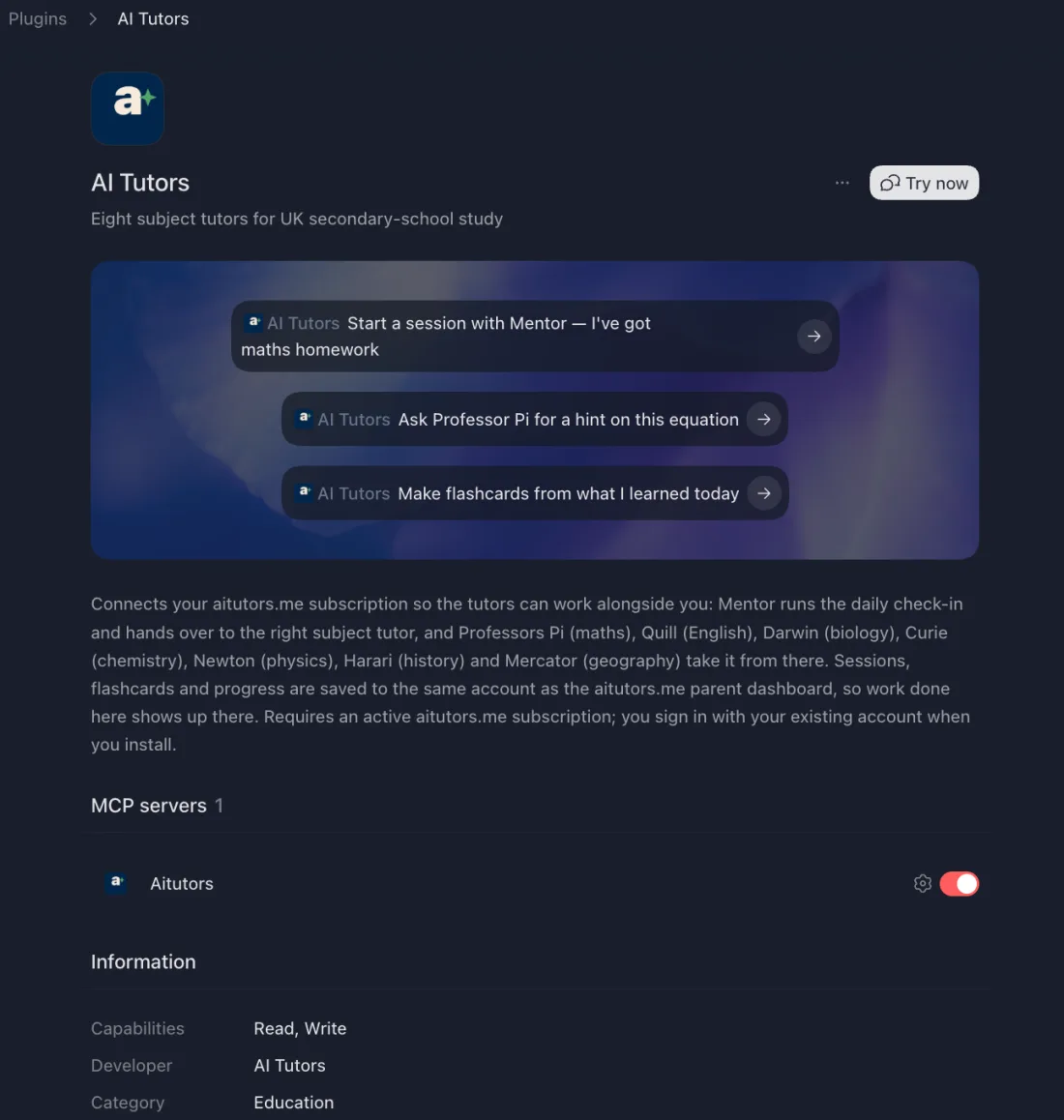The AI Tutors plugin page in ChatGPT after a successful install: the tutors' logo and name at the top, three suggested first messages, and below them one MCP server called Aitutors with its switch turned on.